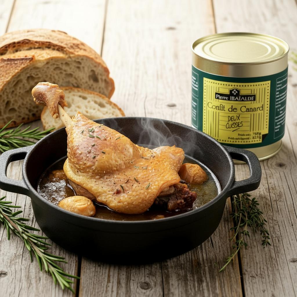 Confit de canard – 2 cuisses de canard confites artisanales préparées par Pierre Ibaialde à Bayonne, spécialité du Pays Basque