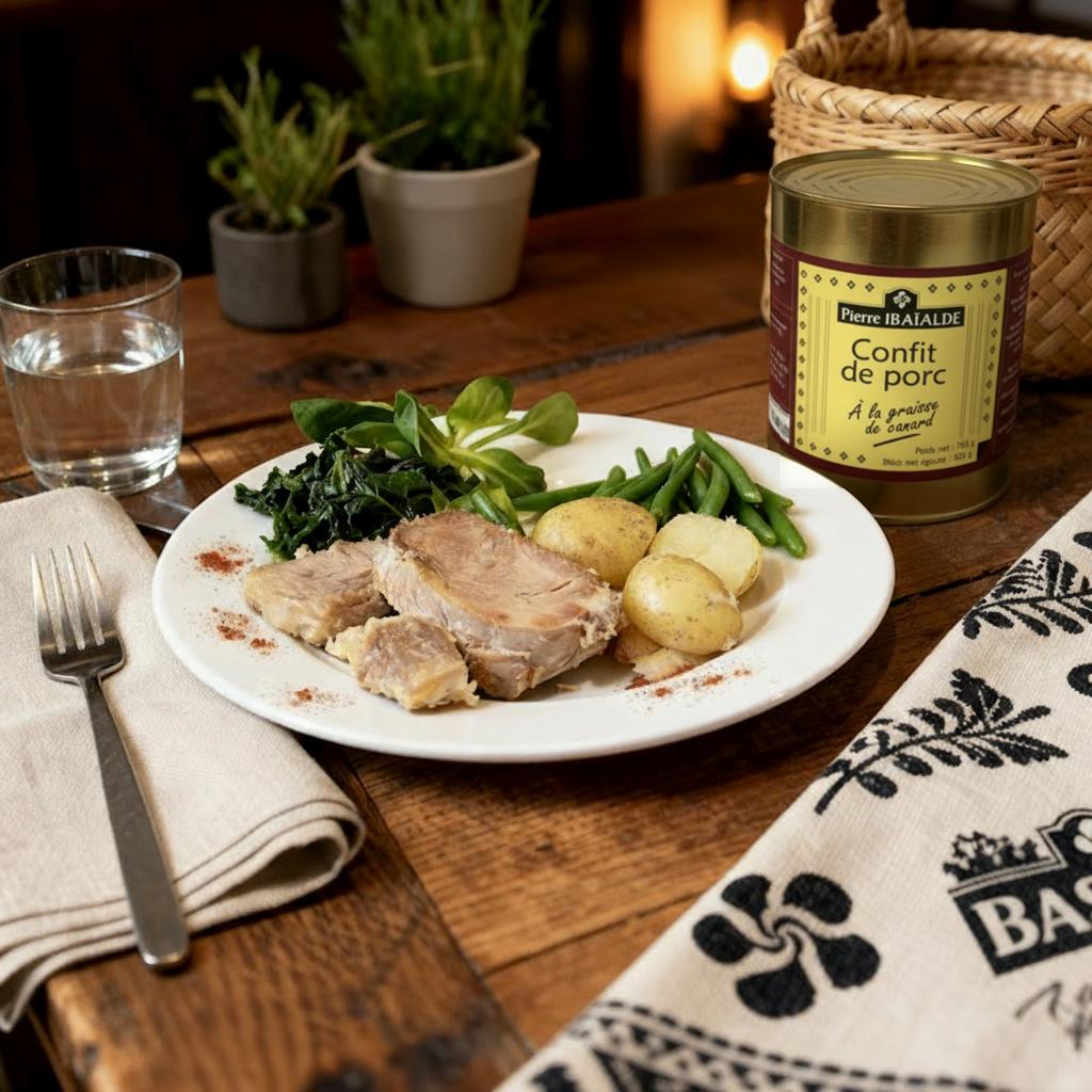 Confit de porc artisanal – viande fondante confite dans la graisse de porc, recette traditionnelle basque de Pierre Ibaialde