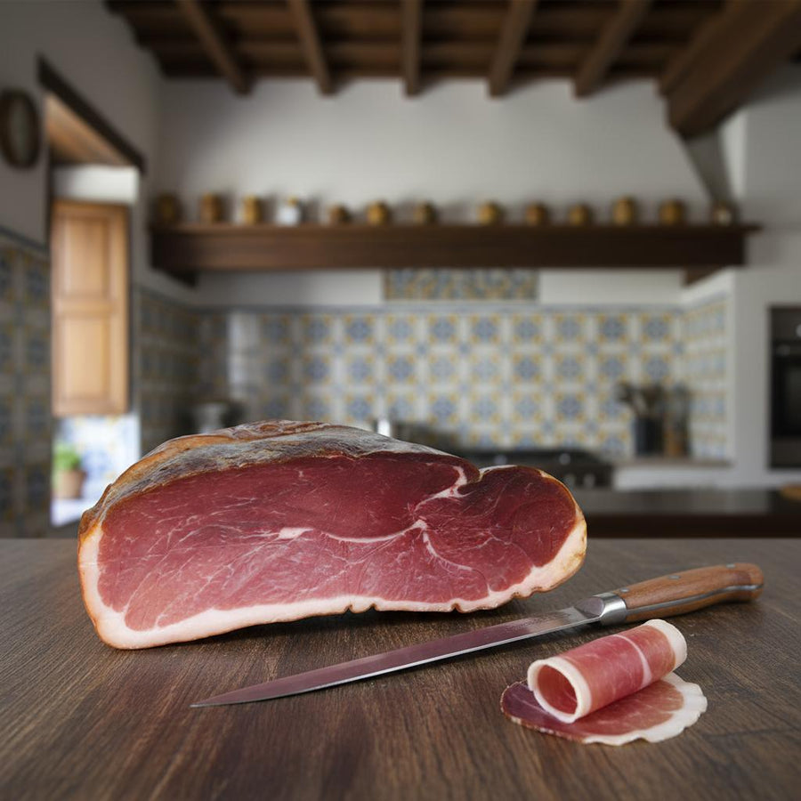 Demi jambon sec basque 3 kg minimum – jambon artisanal affiné par Pierre Ibaialde à Bayonne, spécialité du Pays Basque