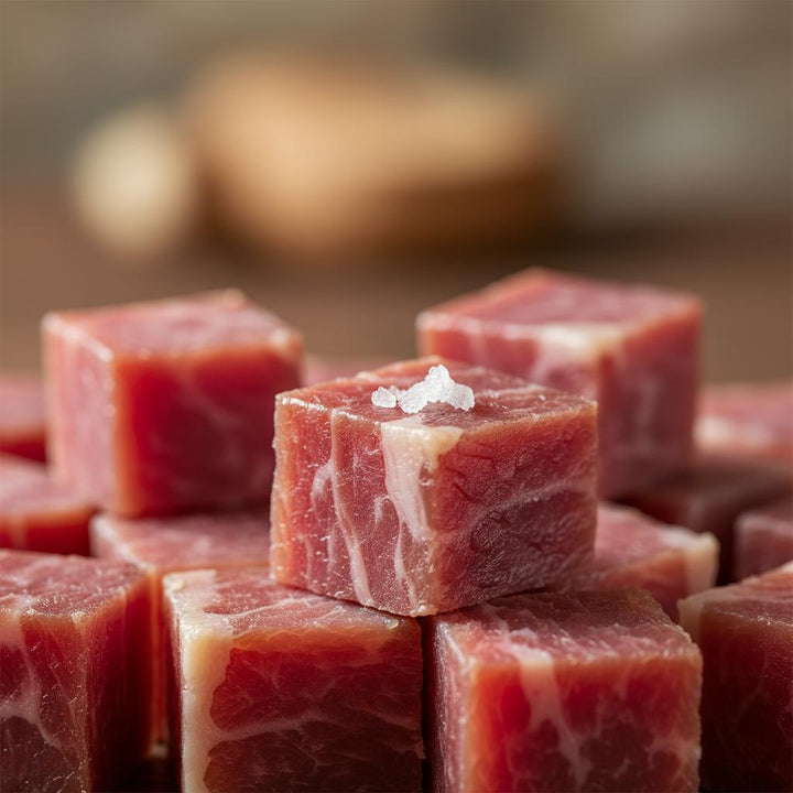 Dés de jambon artisanal basque – morceaux de jambon affinés et coupés par Pierre Ibaialde à Bayonne