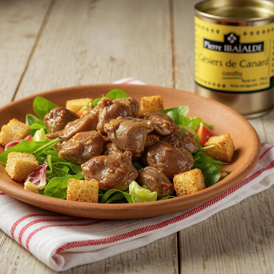 Gésiers de canard confits – spécialité basque artisanale préparée par Pierre Ibaialde à Bayonne