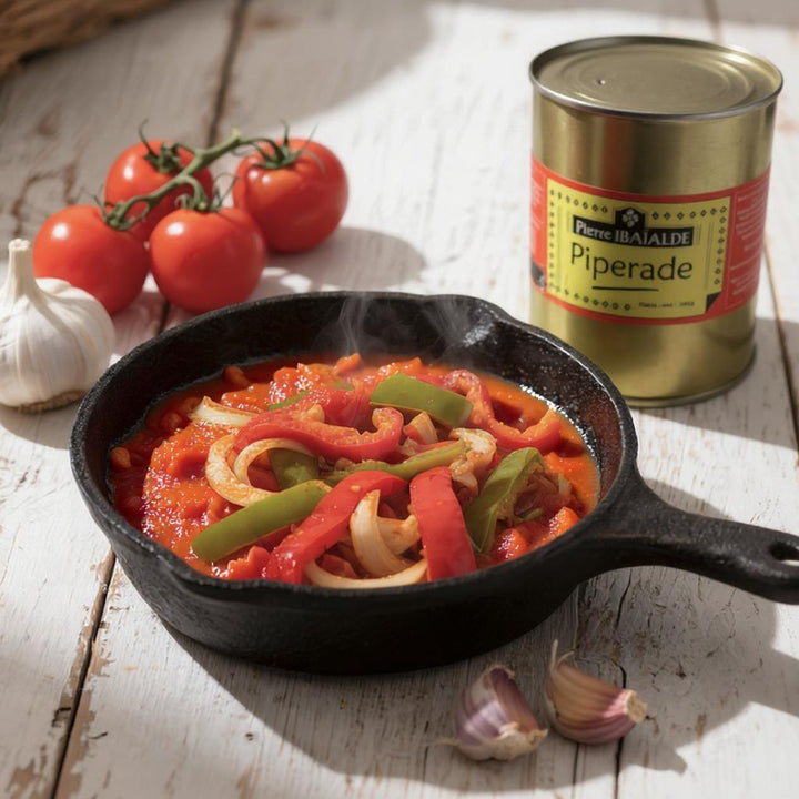 Piperade basque artisanale Pierre Ibaialde, l'atelier du jambon - poêlée de tomates, poivrons et oignons cuisinés selon la recette traditionnelle du Pays Basque.