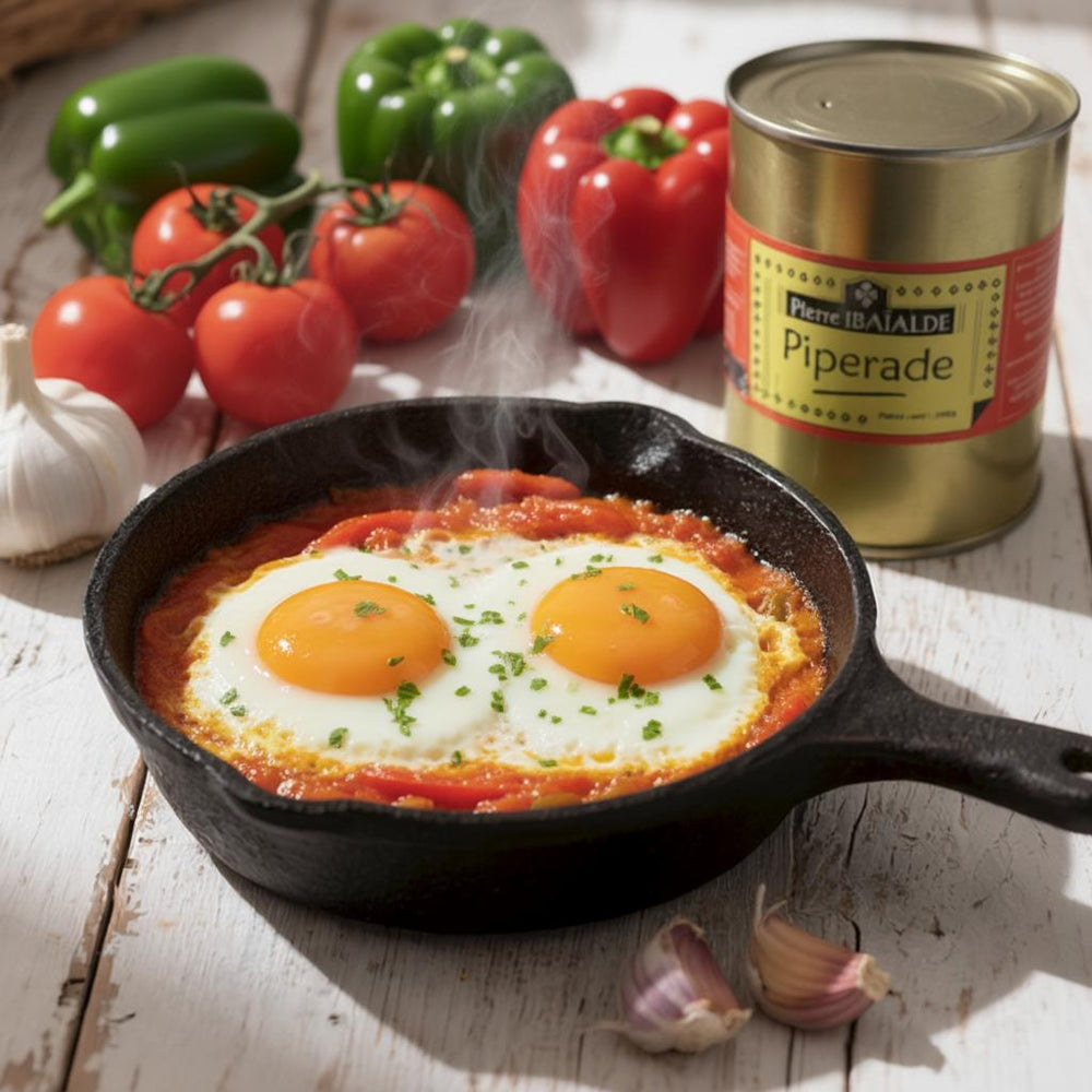 Piperade basque artisanale Pierre Ibaialde, l'atelier du jambon - poêlée de tomates, poivrons et oignons accompagnée d'œufs au plat cuisinés selon la recette traditionnelle du Pays Basque.