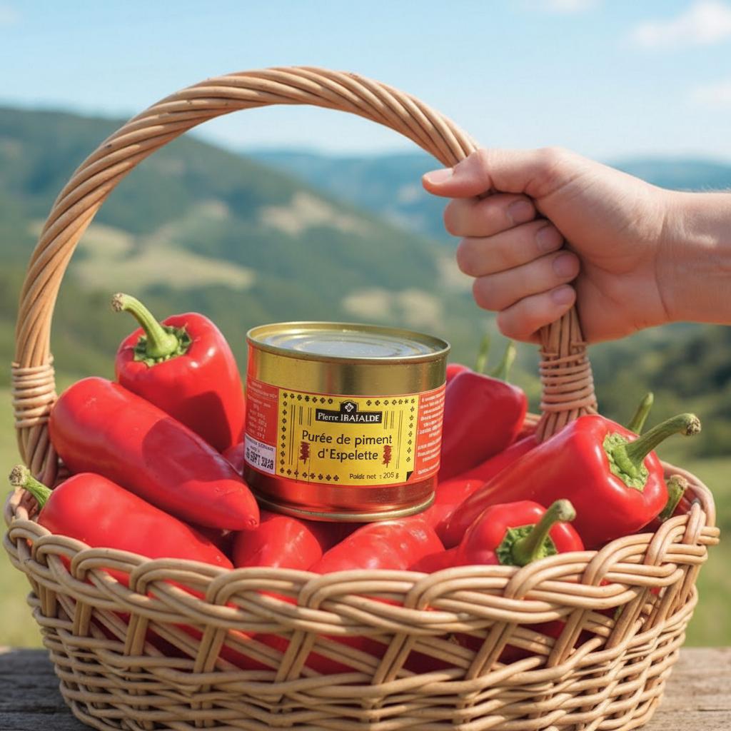 Spécialité basque artisanale - purée de piment d'Espelette Pierre Ibaialde, l'atelier du jambon, présentée dans un panier de piments frais au coeur du Pays Basque.