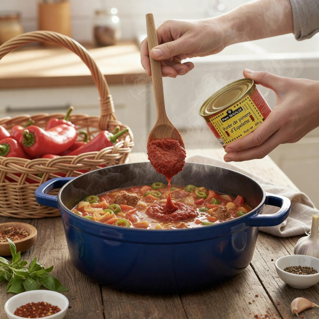 Utilisation de la purée de piment d'Espelette Pierre Ibaialde dans une recette basque mijotée, relevée et parfumée, présentée dans une cocotte en fonte sur une table rustique.