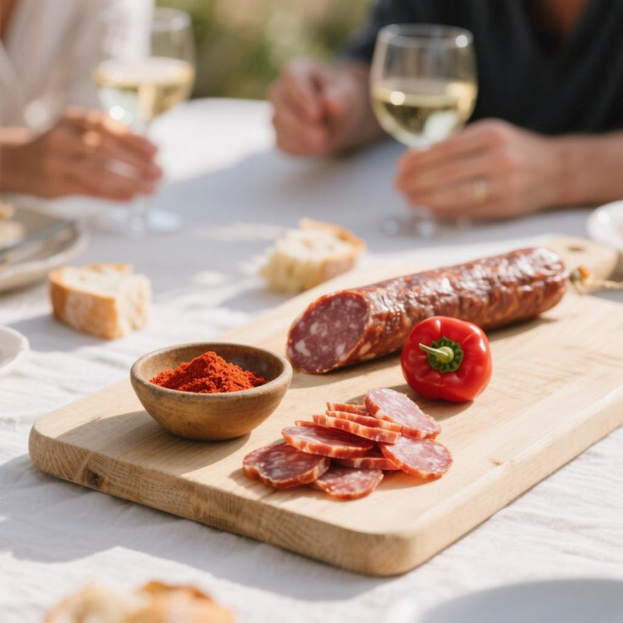 Saucisson de porc à la purée de piment d’Espelette 200 g – charcuterie basque artisanale préparée par Pierre Ibaialde à Bayonne