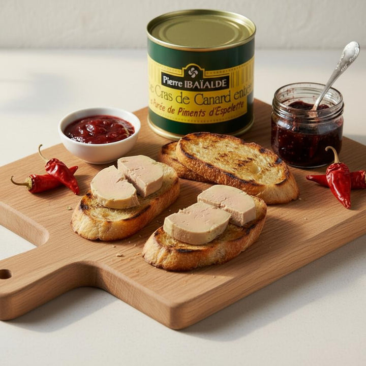 Tranches de foie gras de canard au piment d’Espelette – spécialité artisanale du Pays Basque signée Pierre Ibaialde